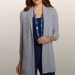 Chico's Blue White Chevron Textured Stretch Open Front Light Cardigan Large/2